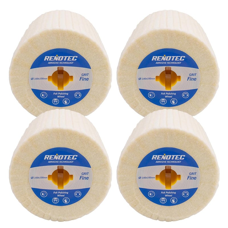RENOTEC 4"x4" Wool Felt Wheel, 4 Pack, Fine Grit, for Polishing and Mirror Polishing of Metal - Image 1